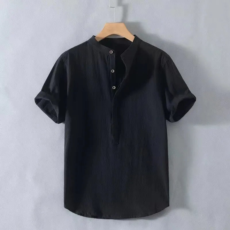 New Mens Short Sleeve T Shirts Solid Color Stand Up Collar Shirt Summer Trendy Breathable Loose Youth Basic Cotton Pocket Top