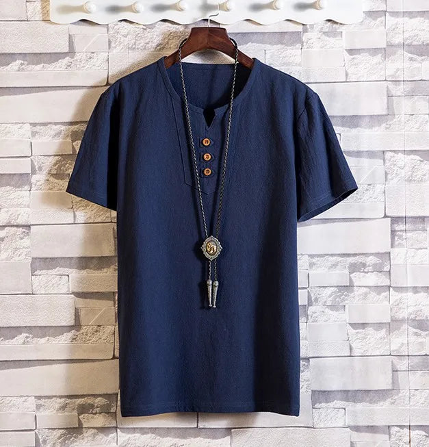 Men's Casual V Neck Short Sleeve Linen T-shirt