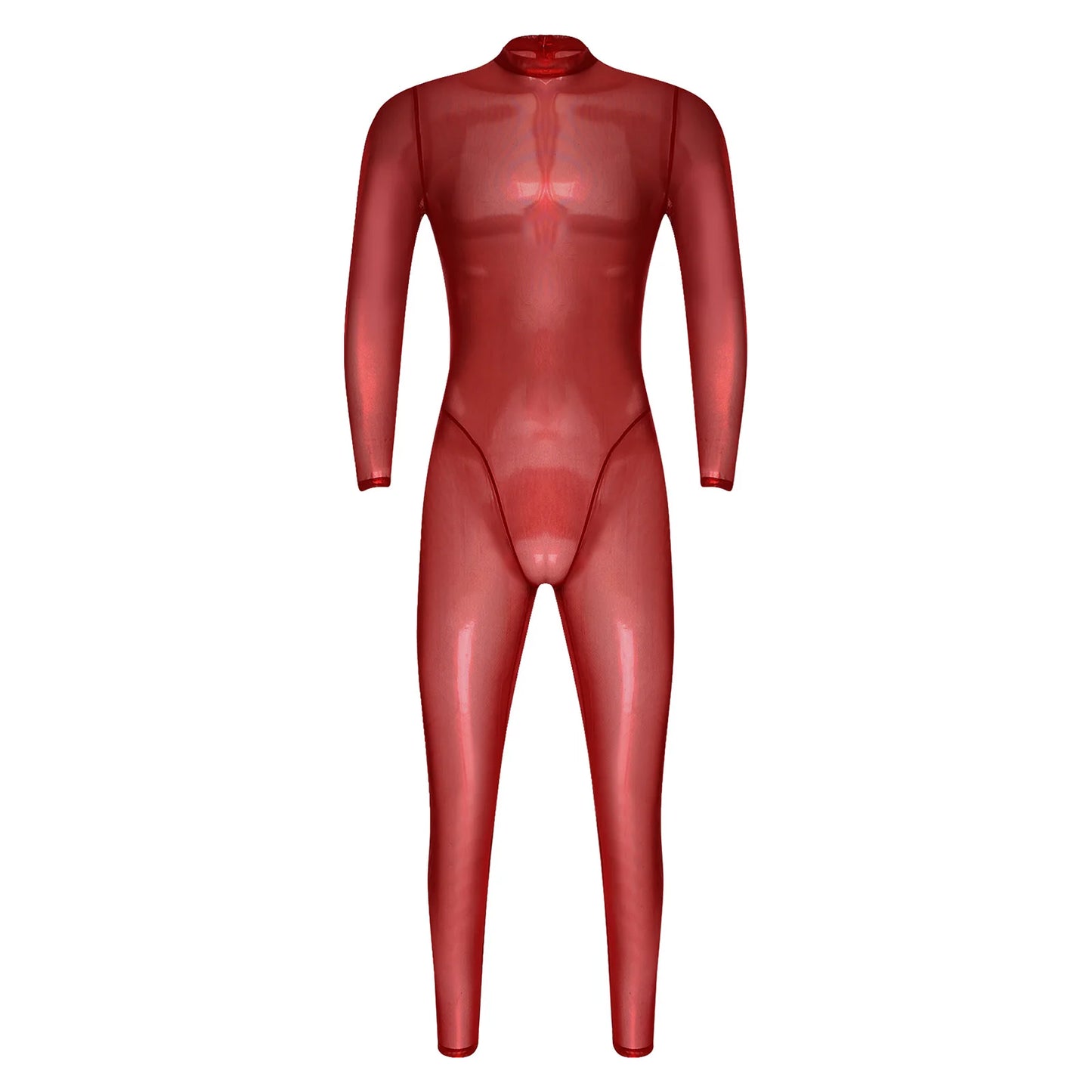 Mens Lingerie Tights Long Pants Metallic Shiny Full Body Unitard Back Zipper Catsuit Bodysuit Leggings Sheer Jumpsuit Clubwear