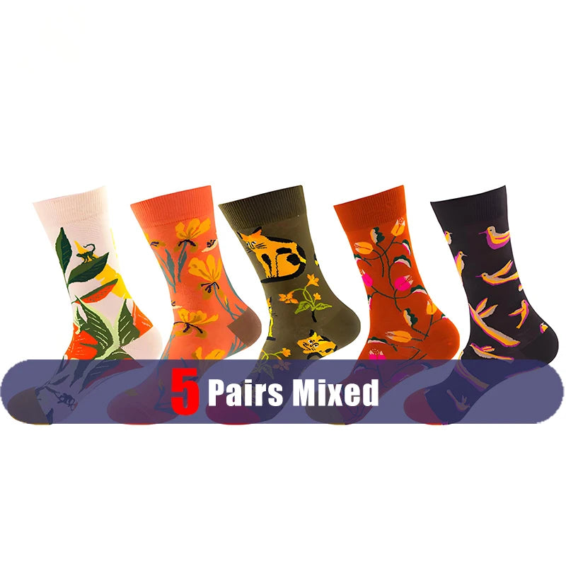 1/5 Pairs Men Women Socks Unisex Colored Printed Mid Tube Socks With Trendy And Personalized Animal Flower Designs Casual Socks