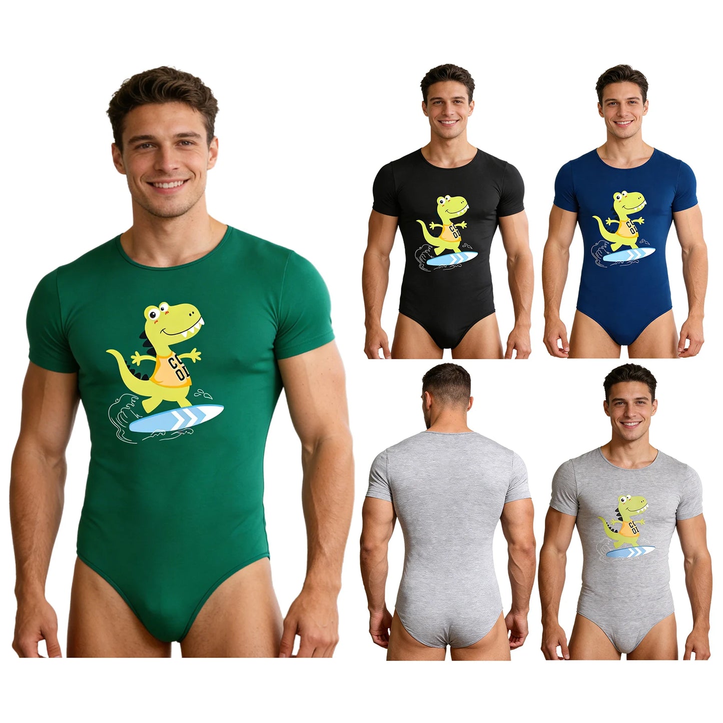 Mens Pajamas Bodysuit Sleepwear Cartoon Dinosaur Short Sleeve Leotard Buttoned Crotch Diaper Rompers Sleep Loungewear Jumpsuit