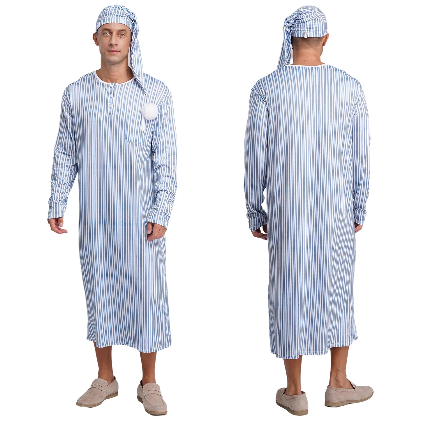 Mens Sissy Nightgown Striped Sleep Robe with Hat Set Complete Sleepwear Comfortable Loungewear Homewear for Holiday Nights