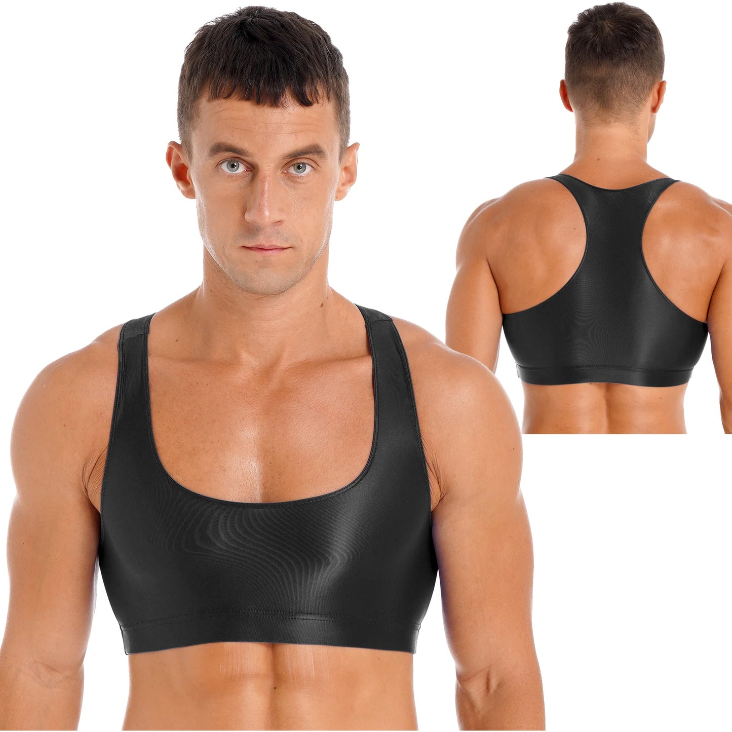 Mens Glossy Crop Top Short Sleeve Oil Shiny Slim Fit Sports Fitness T-shirt Tee Workout Cheer Booty Dance Tops Swimwear Clubwear