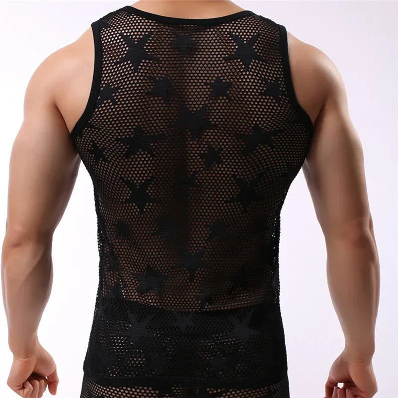 Mens Undershirts Sleeveless Gay Transparent Solid Tops Tees Vest Mesh Sexy Male Shirt Men Summer Wear Undershirts