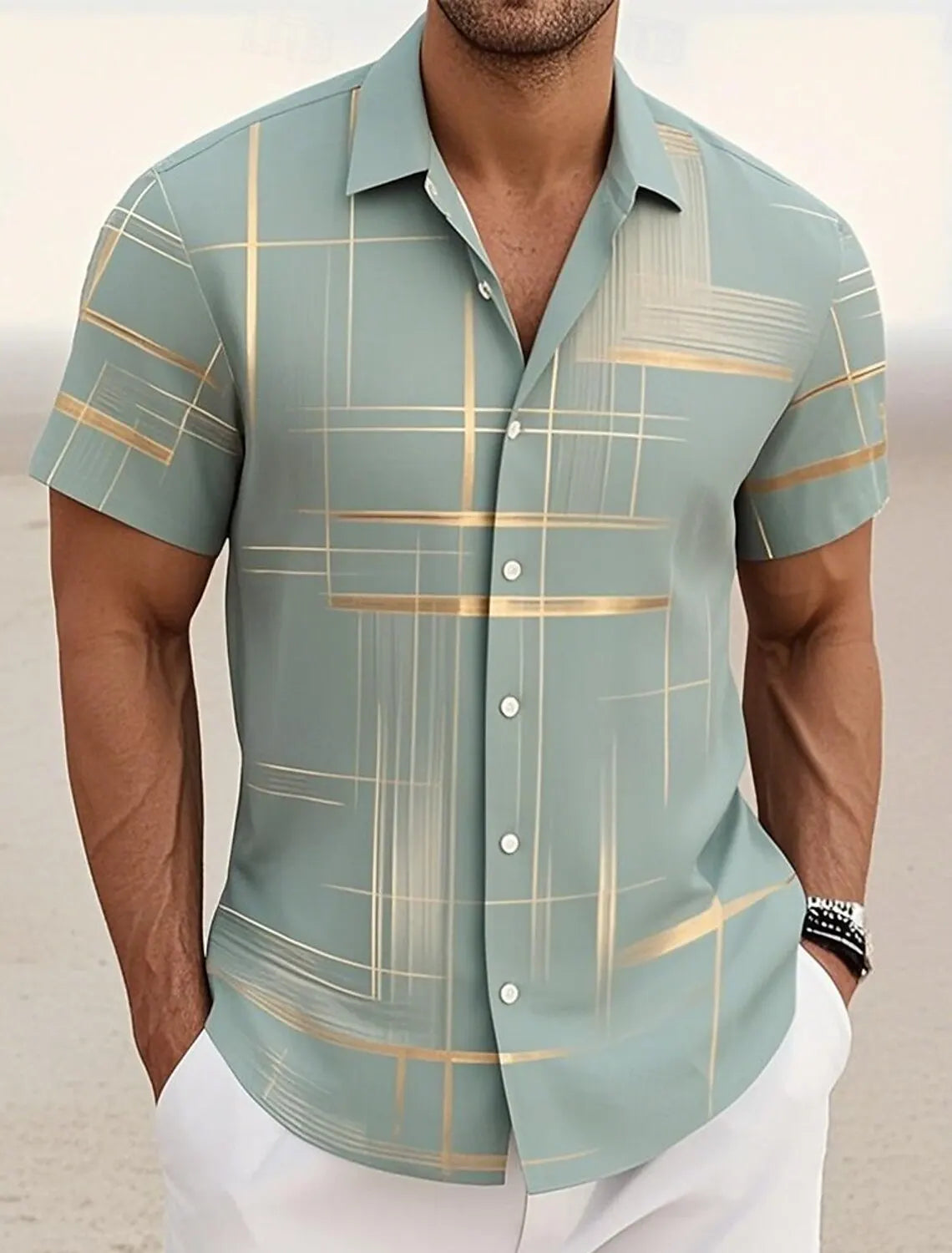 Men's Short Sleeve Geometric Plaid Hawaiian Shirt