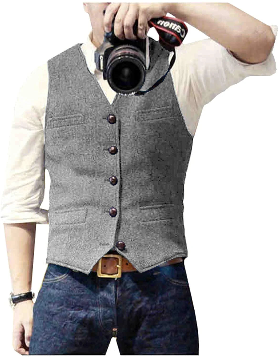 Men's Herringbone Tweed V Neck Slim Fit Vest for Weddings