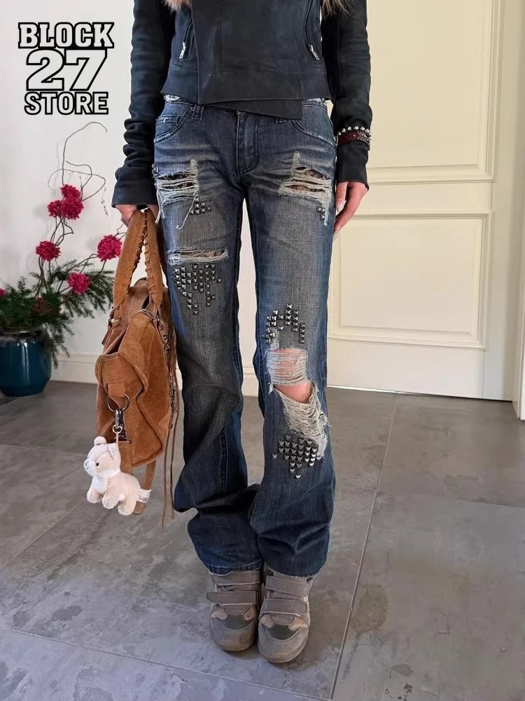 Vintage Y2K Studded Patchwork Denim Jeans for Men