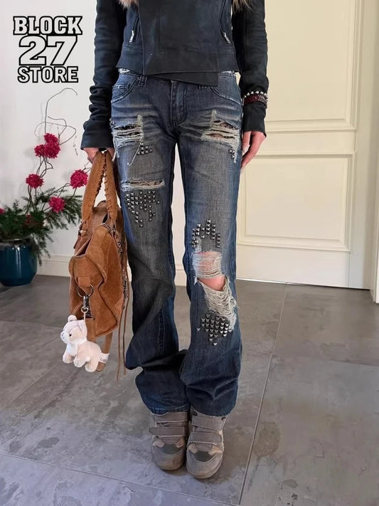 Vintage Y2K Studded Patchwork Denim Jeans for Men