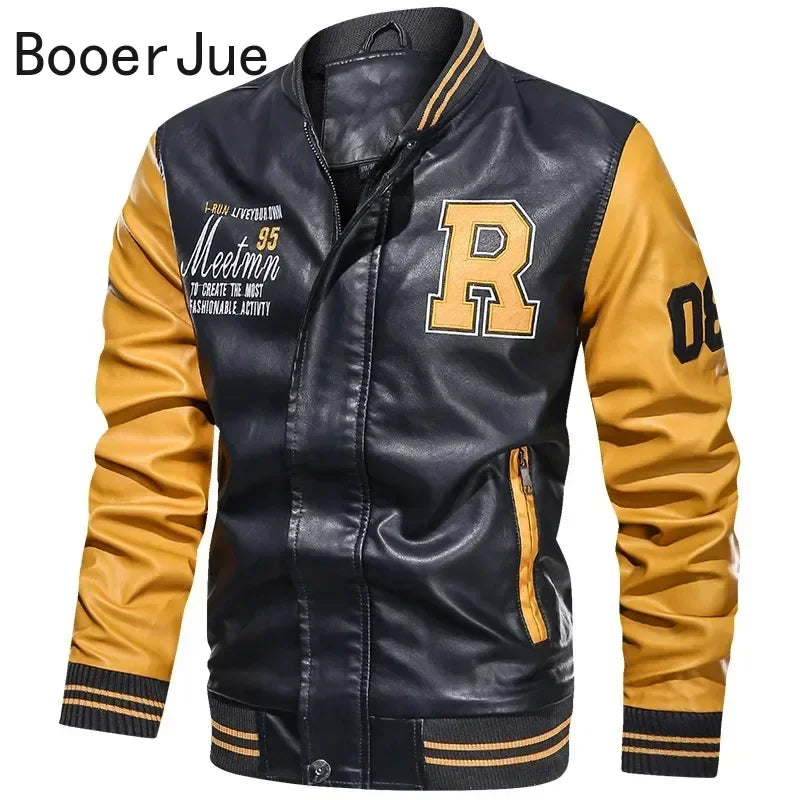 Bomber Jacket Men Leather Fleece Casual Zipper Coat
