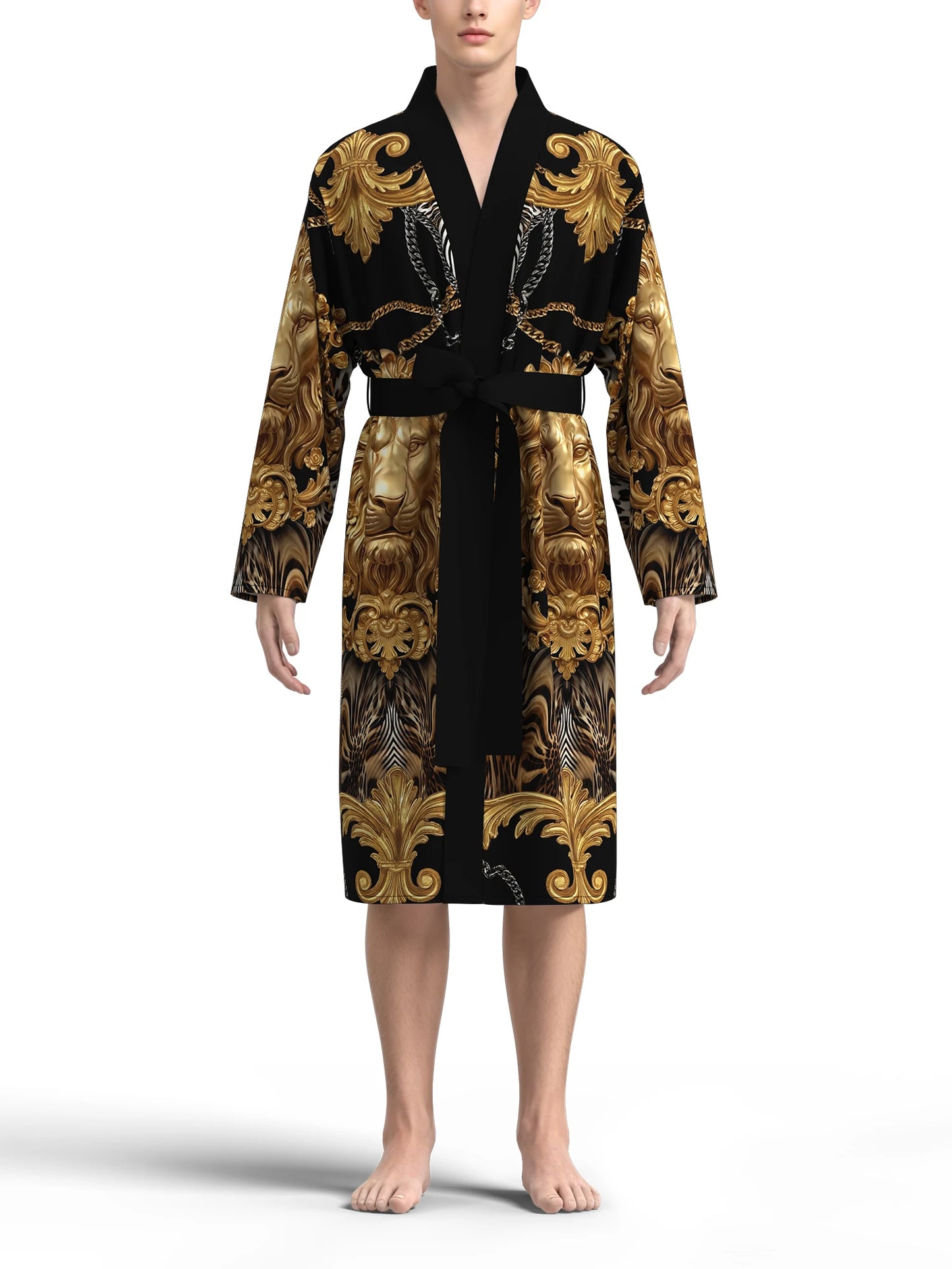 Men's Luxurious Baroque Lion Head Print Kimono Bathrobe Gold Leopard Print Long Sleeve Lounge Clothes Casual Nightgown