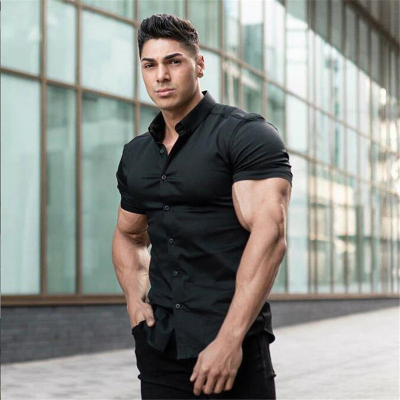 Men's Casual Short Sleeve Slim Fit Shirt in Polyester