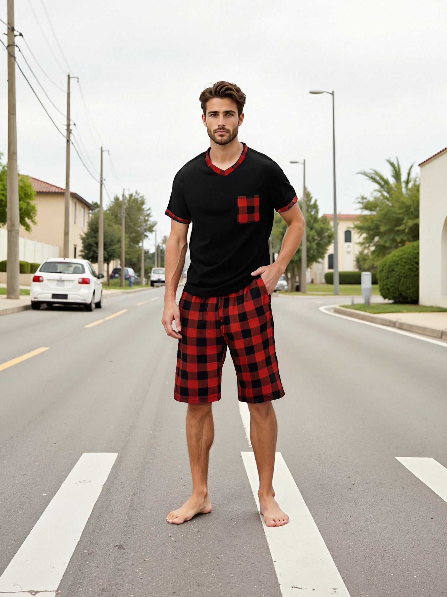 Men's Plaid Short Sleeve Pajama Set