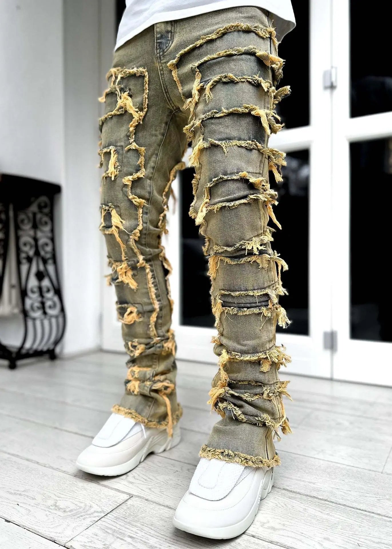 Men's Denim Straight Jeans with Tassels and Pockets