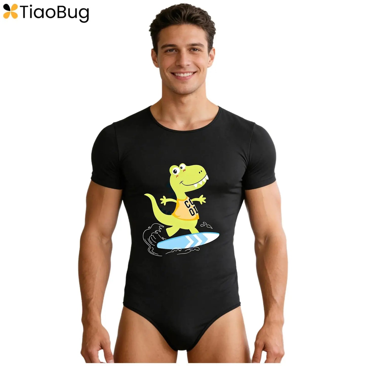 Mens Pajamas Bodysuit Sleepwear Cartoon Dinosaur Short Sleeve Leotard Buttoned Crotch Diaper Rompers Sleep Loungewear Jumpsuit