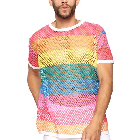 Mens Transparent Sexy Mesh T Shirt  New See Through  Fishnet Long Sleeve Muscle Undershirts Nightclub Party Perform Top Tees