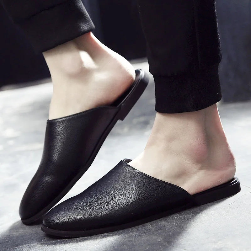 Men's Leather Mules Slippers with Metal Decoration