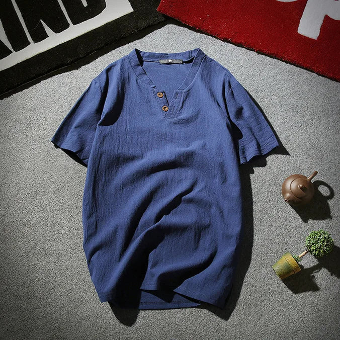 Men's Casual V Neck Short Sleeve Linen T-shirt