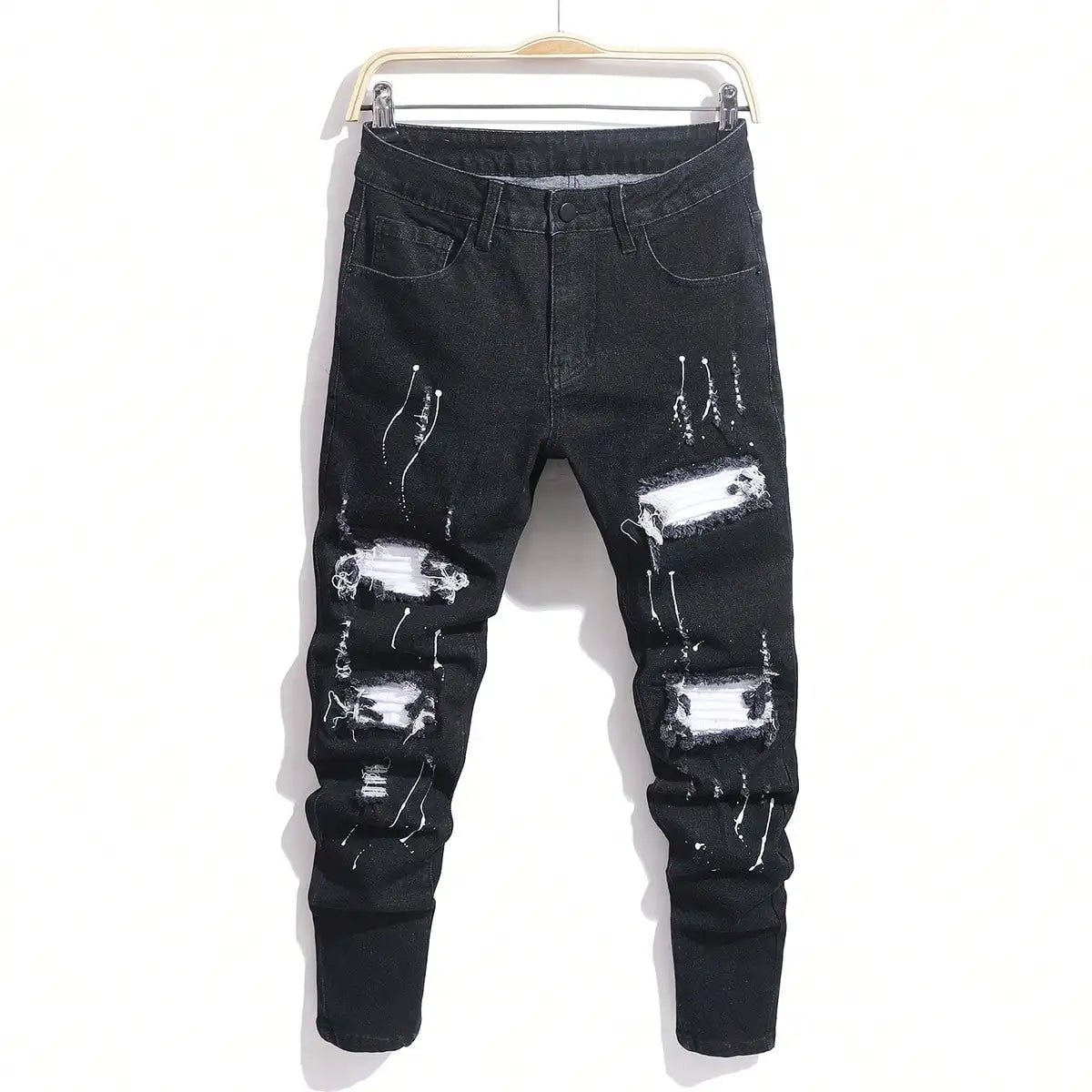 Men's High Stretch Skinny Biker Denim Jeans with Patchwork