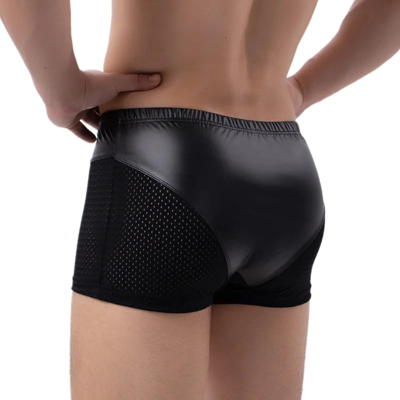 Men's Black Faux Leather Boxer Shorts with U Convex Pouch
