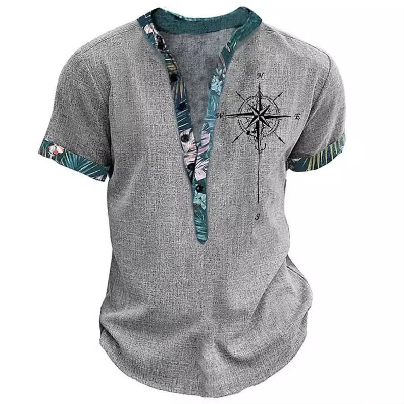 Summer 3D Printed Henry Short Sleeve Shirt Men's Fashion Street Clothing Button Short Sleeve Men's Top