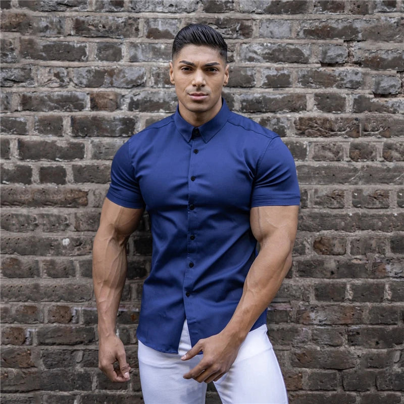 Men's Casual Short Sleeve Slim Fit Shirt in Polyester