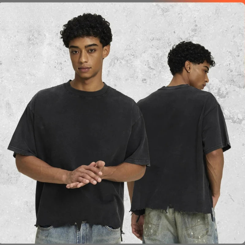 Mens T Shirt Premium Cotton Washed Boxy Fit Vintage Distressed Streetwear Tee Harajuku Unisex Loose Fit Casual Fashion Trend New