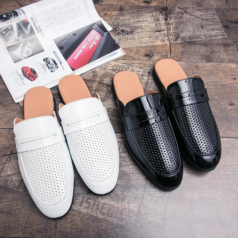 Men's Leather Mules Slippers with Metal Decoration