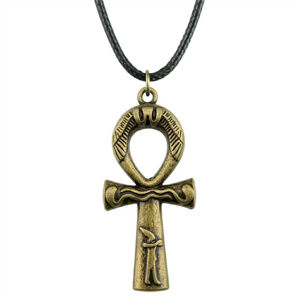 Egypt Ankh Cross Necklace Pendant Black Leather Chain Necklace