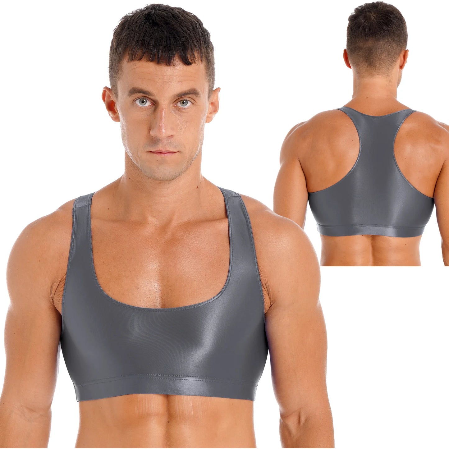 Mens Glossy Crop Top Short Sleeve Oil Shiny Slim Fit Sports Fitness T-shirt Tee Workout Cheer Booty Dance Tops Swimwear Clubwear