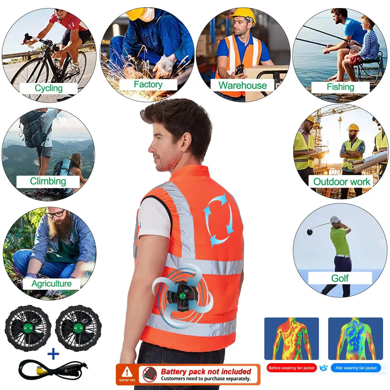 AKOOUS USB 3-Fans Cooling Vest for Men and Women