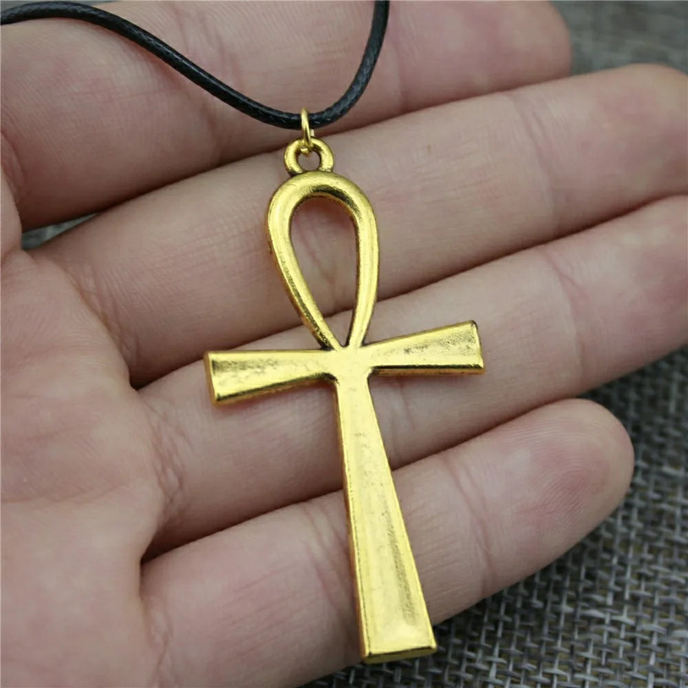 Ankh Cross Pendant Necklace Black Leather Chain Necklace