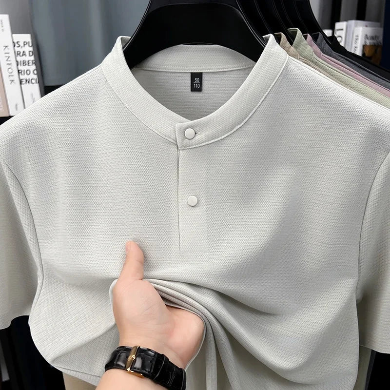 Mens Short Sleeve Mandarin Collar Polo Shirt Casual Tops With Buttons Breathable Slim Fit Waffle Knit Tees For Men Summer Style