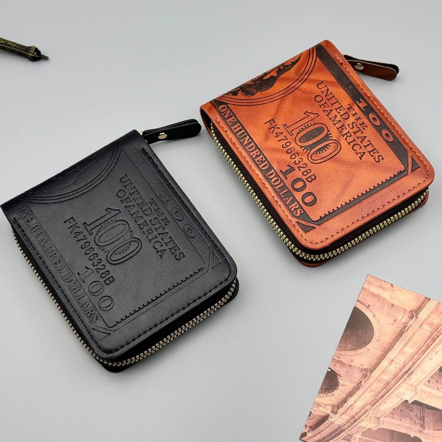 NONE Zipper Men Wallet with 100 US Dollar Pattern Male Leather Wallet