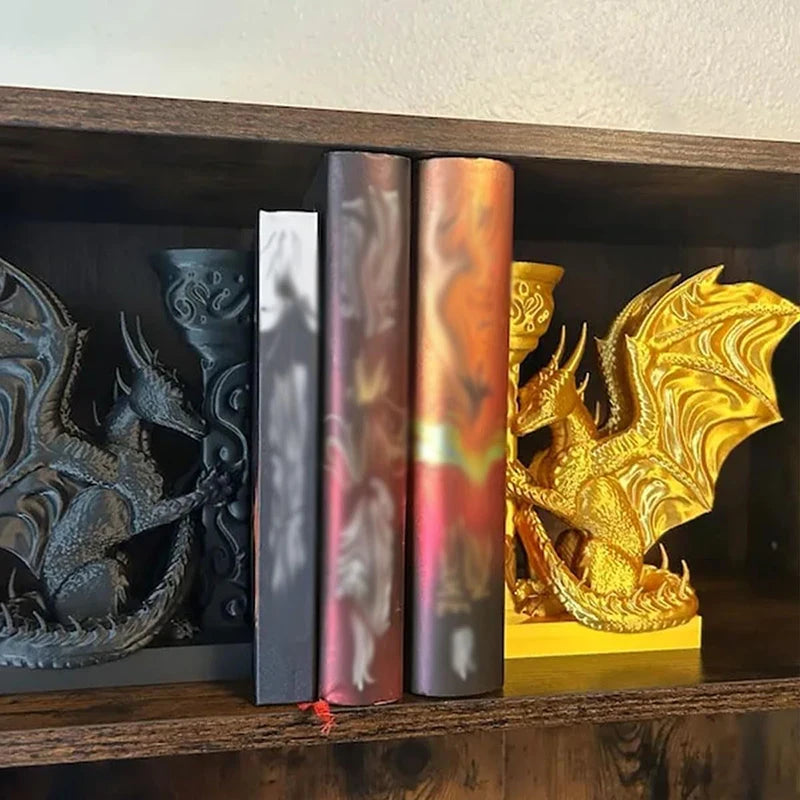 BookShelf in Gold + Black Dragon Bookends 3D Printed Animal Dragon