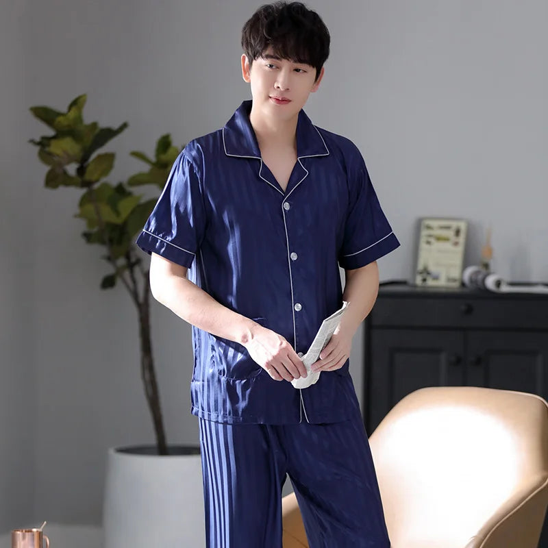 Summer Striped Men Sleepwear Suits Silk Mens Pajamas Turn-down Collar Cardigan Short Sleeve Long Pants Male Pyjamas