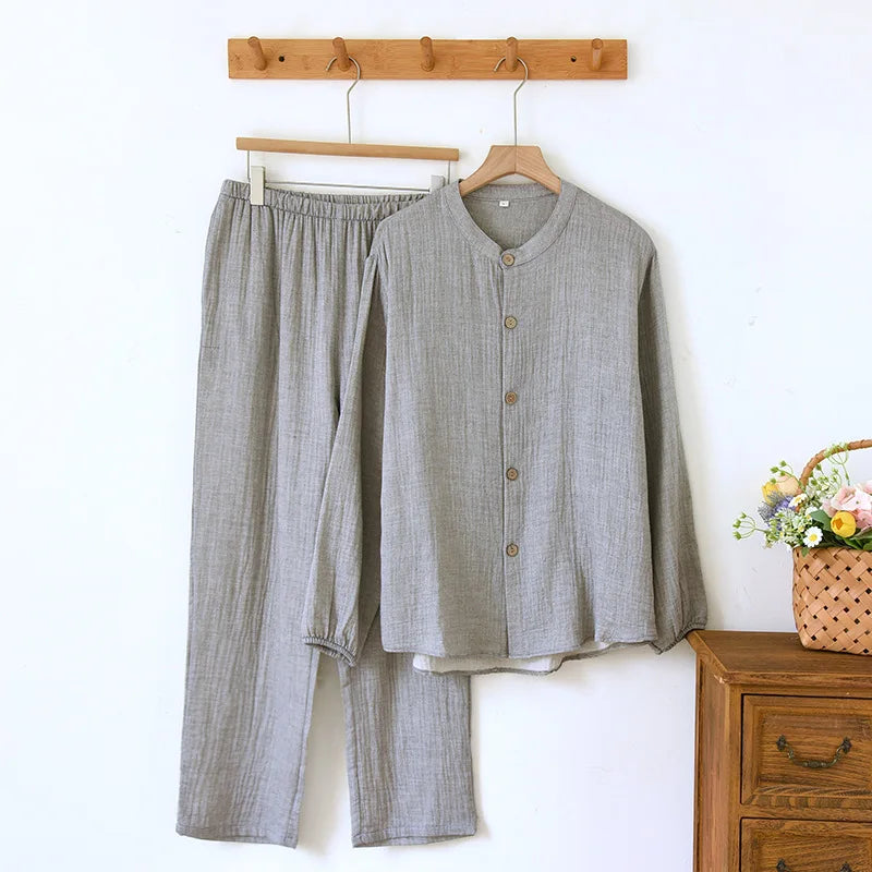 Solid Color Loungewear Set for Men 100% Cotton Muslin Pajamas Loose Round Neck Smoky Blue Sleepwear 2 Piece Autumn Home Clothes