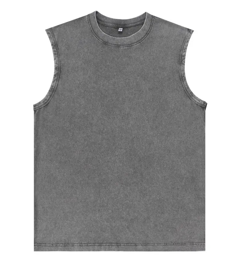 Summer Men's Washed Cotton Tank Tops Muscle Gym Sleeveless Workout T Shirts Running Beach Loose Cutoff Tees