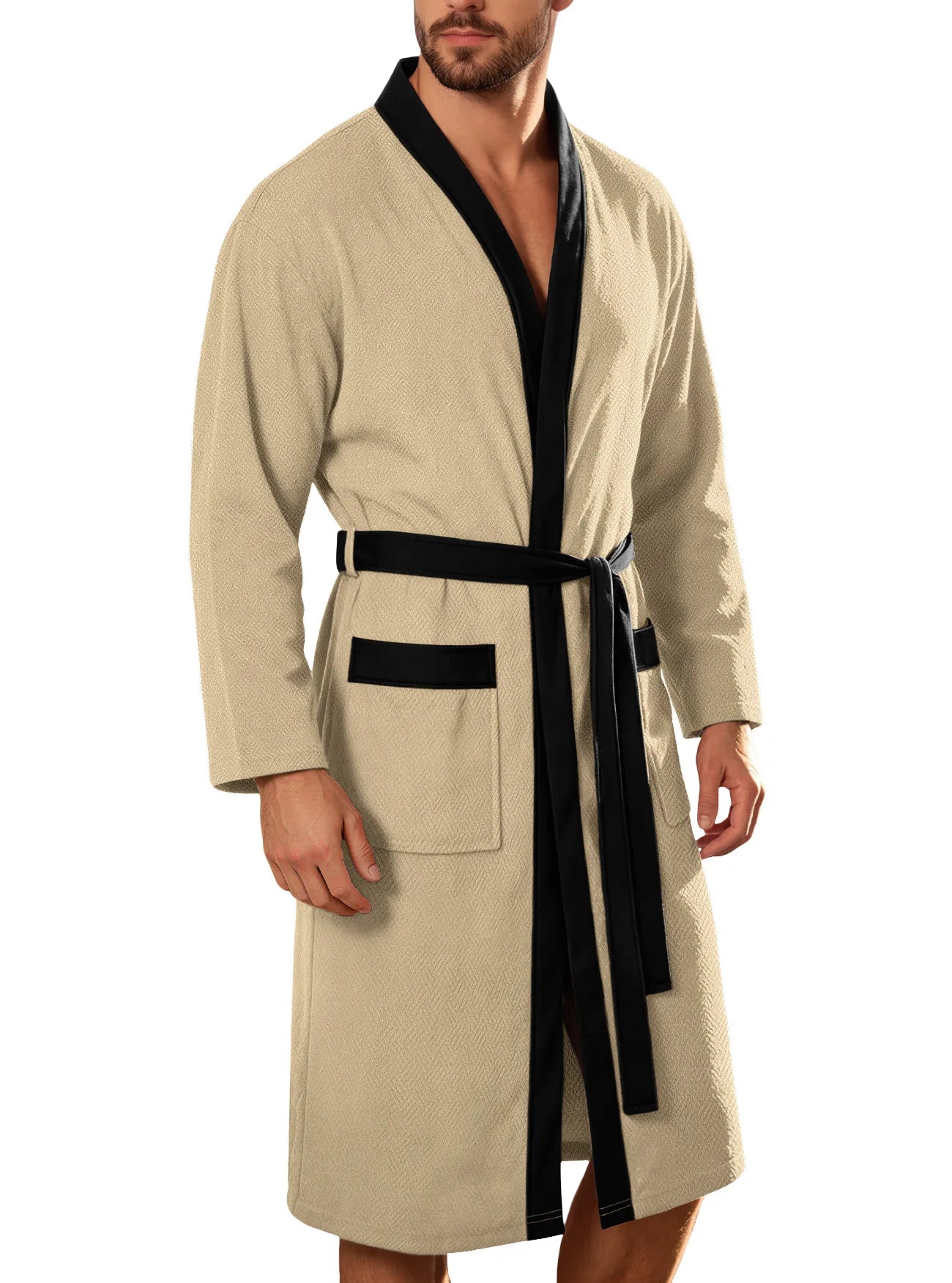 Men's Bathrobe Long Sleeves Kimono Style Spa Robe with Belt Pockets Soft Comfortable Sleepwear Loungewear for Home Hotel Use