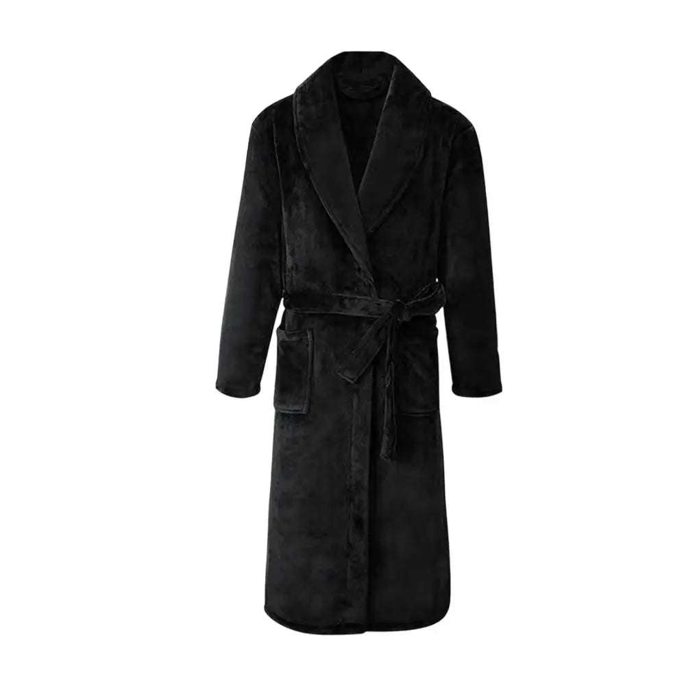 Men Women Bath Robe Lapel Long Sleeve Knee-Length Bathrobe With Belt Pockets Flannel Soft Loungewear Nightwear Plush Spa Robe