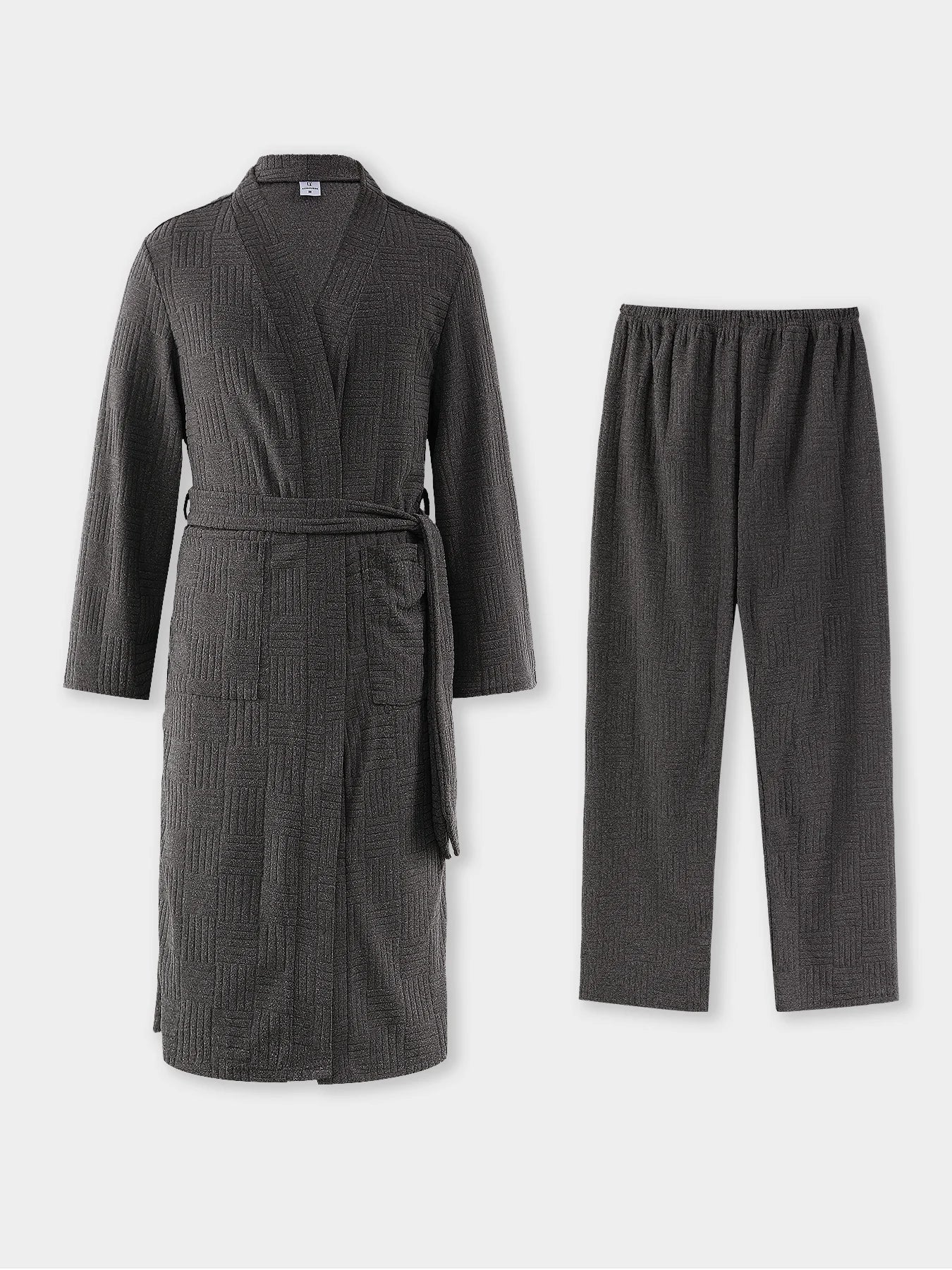 Men's Textured Plaid Bathrobe & Pajama Pants Loungewear Set 2 Piece Spring Autumn Thickened Belted Robe