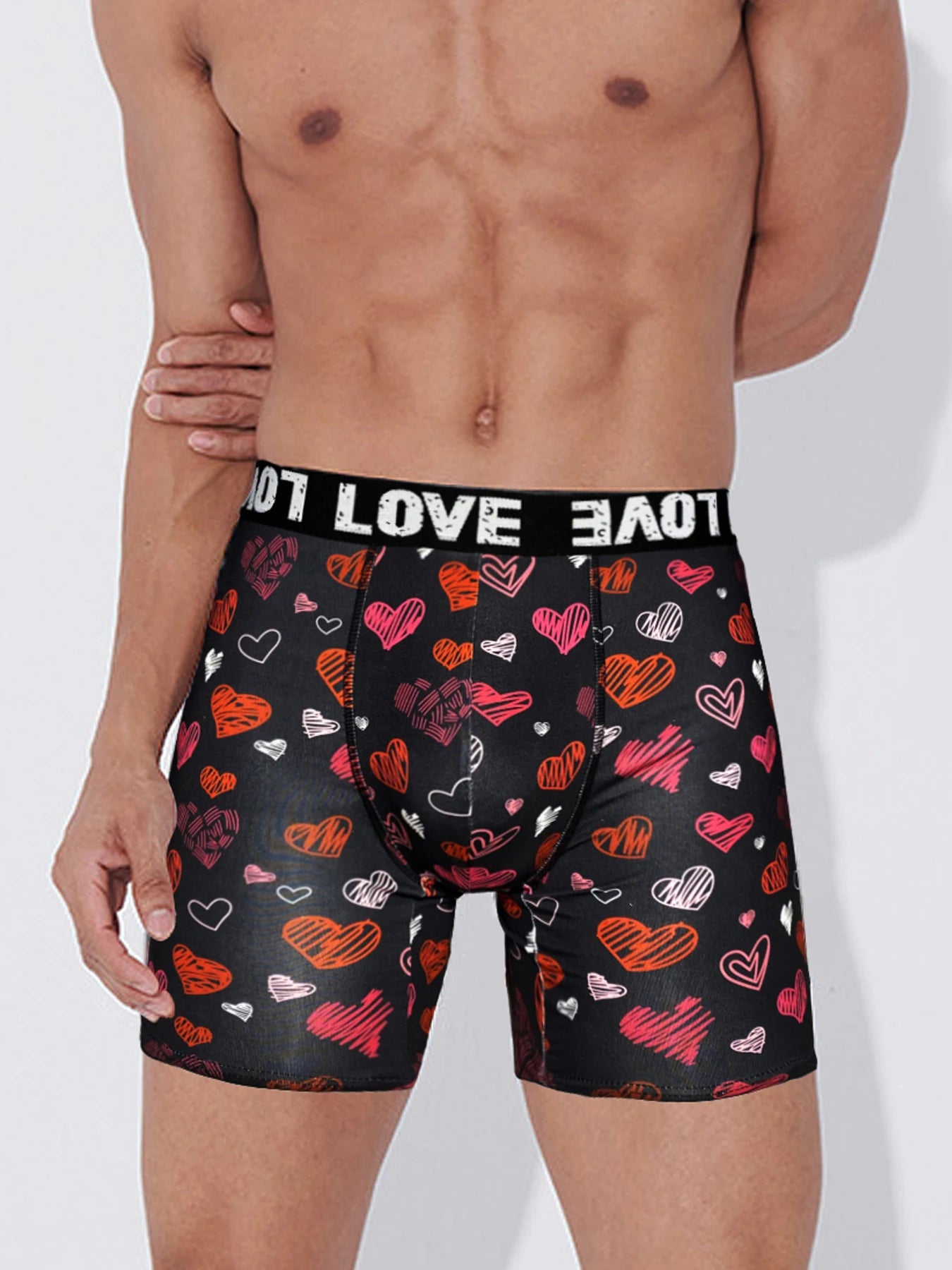 Men's Black Printed Boxer Shorts with Lips and Hearts