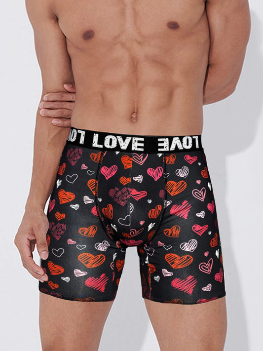 Men's Black Boxer Shorts with Lips and Hearts Print