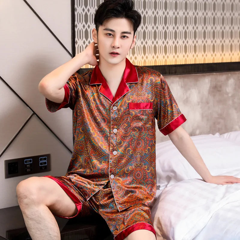 Silk Satin Pajamas for Men Sleepwear Cozy Soft Print Long Sleeve Nightgown Tops + Trousers Two Pieces Mens Pajama Set