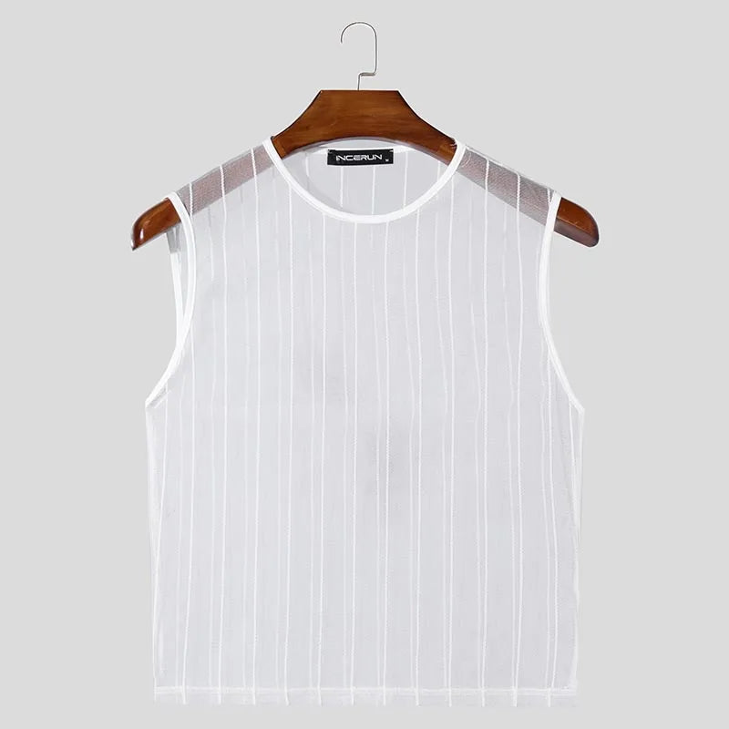 Men Tank Tops Mesh See Through O-neck Sleeveless Sexy Striped Male Crop Tops Streetwear Summer Party Fashion Men Vests S-5XL