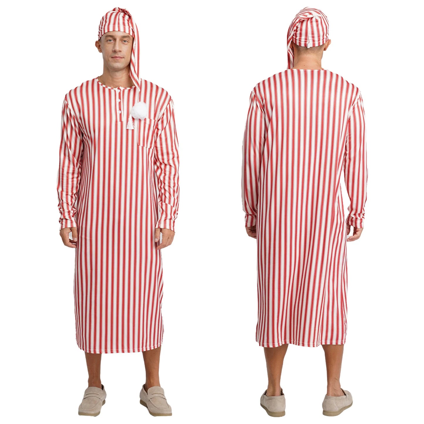 Mens Sissy Nightgown Striped Sleep Robe with Hat Set Complete Sleepwear Comfortable Loungewear Homewear for Holiday Nights