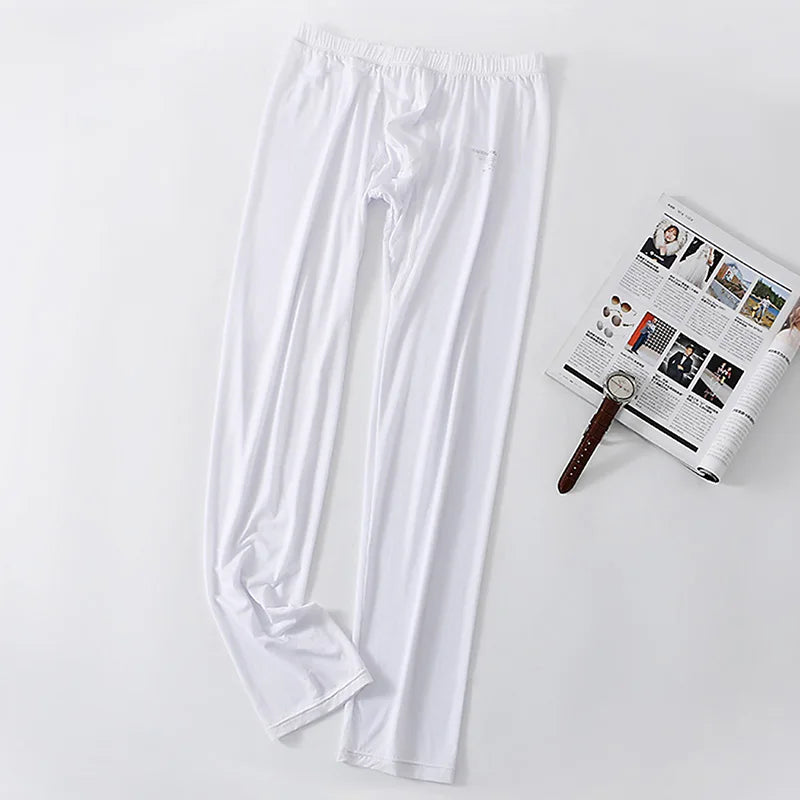 Mens Ice Silk Long Johns Homme Sleepwear Underwear Bottom Trousers Ultra-Thin Thermal Underwear Bottoms