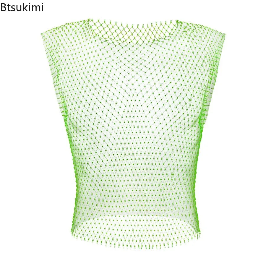 2026 New Men's Sexy Tank Tops Fishnet Rhinestone Shiny Hollow Vest Man Mesh See-Through Sleeveless T-Shirt Transparent Clothing