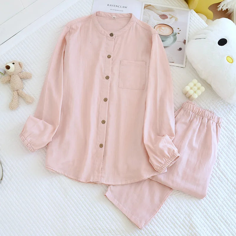 New Men's Sleepwear Two-piece Set for Spring 2025 100% Cotton Crepe Fabric Vertical Long Sleeved Long Pants Home Suit Set