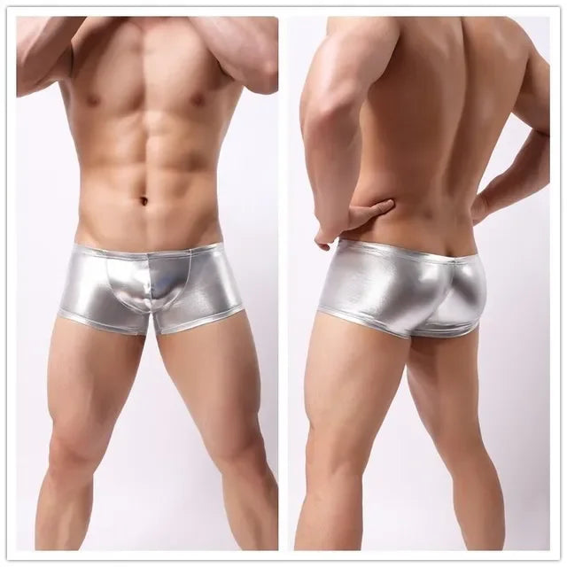 Men's Shiny Leather Boxer Shorts with U Convex Pouch