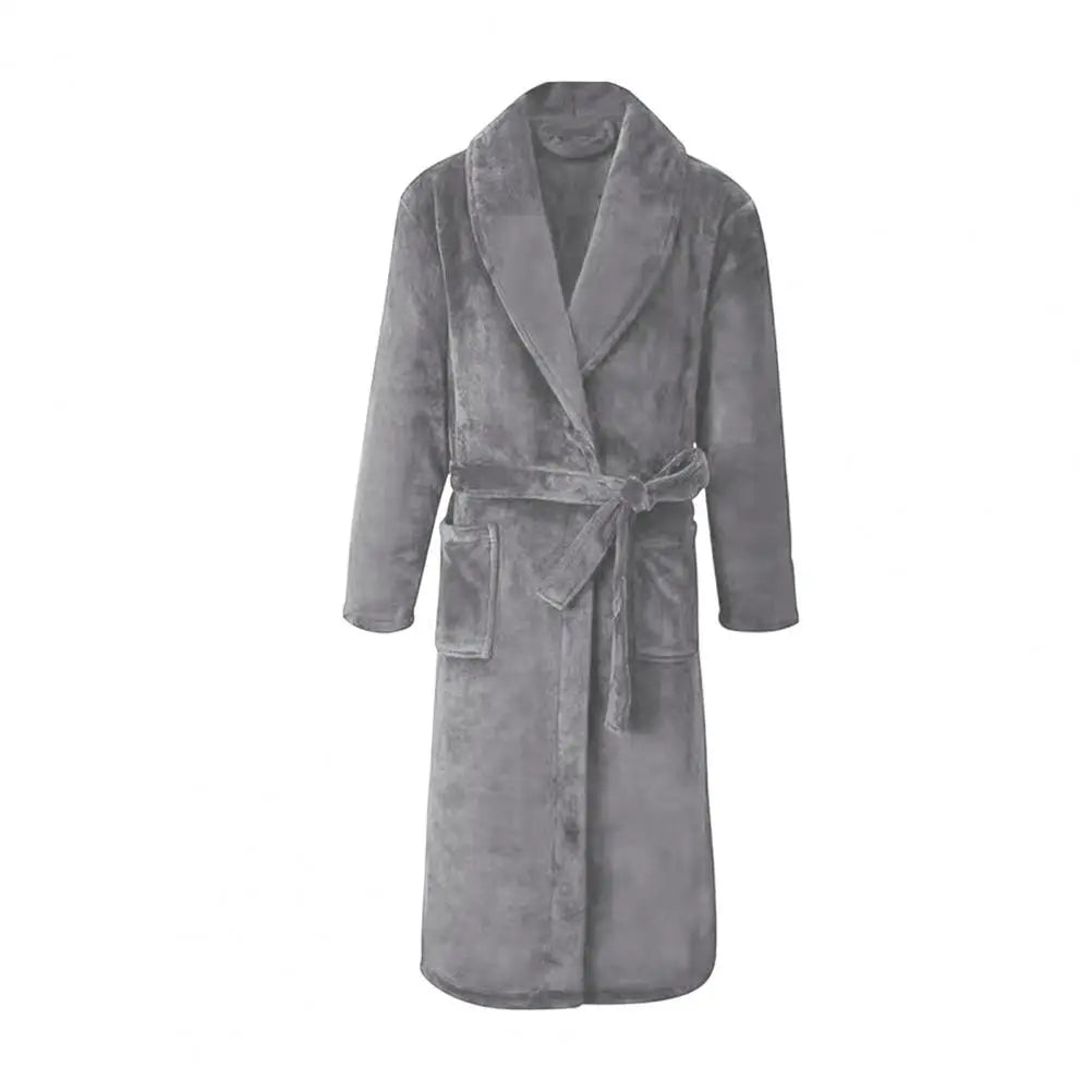 Men Women Bath Robe Lapel Long Sleeve Knee-Length Bathrobe With Belt Pockets Flannel Soft Loungewear Nightwear Plush Spa Robe